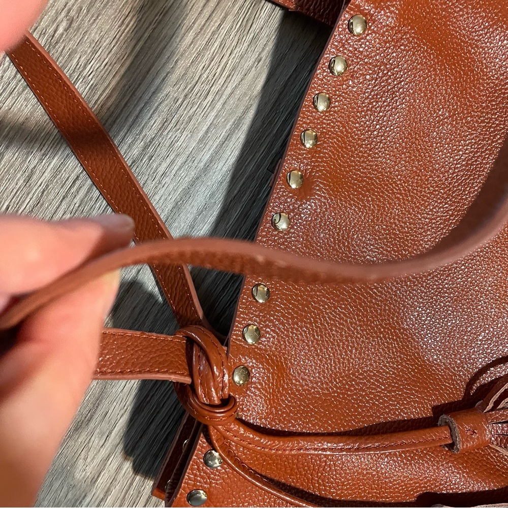 LAGGO Remy Cognac Tan Leather Studded Tassel Tote Bag - Picture 3 of 15